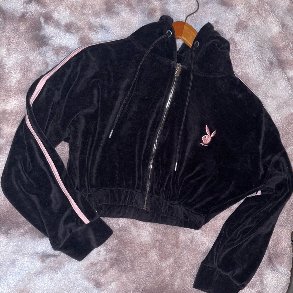 PLAYBOY Black Velour Jacket with Silver Zipper